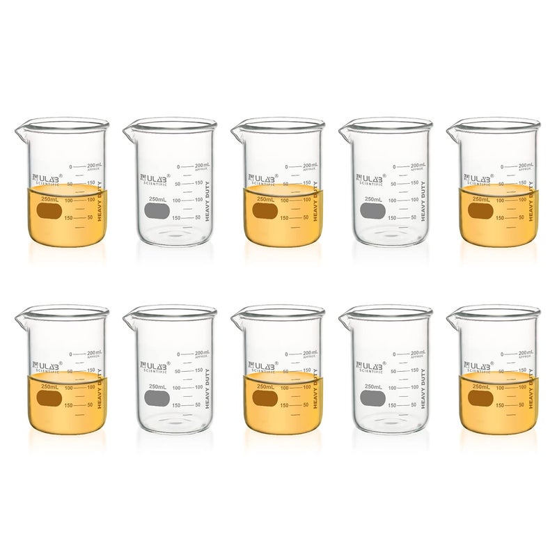 ULAB Heavy Duty Glass Beakers, 10pcs of Vol.250ml(8.45oz), Borosilicate 3.3 Glass, Thick Wall Beakers, with Double Scale, Superior Durability & Chemical Resistance, UBG1056 - Image 1